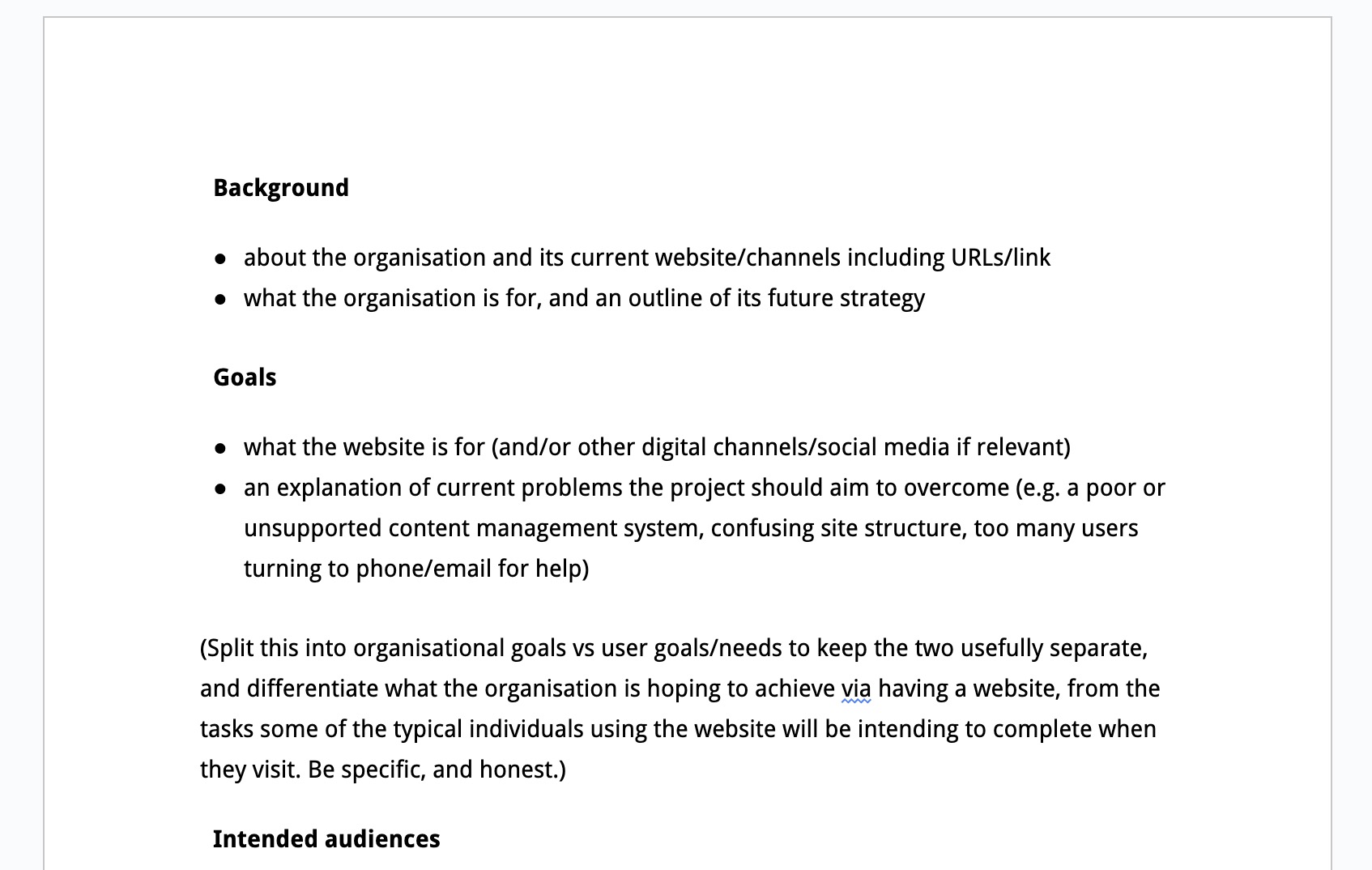 screenshot of brief template