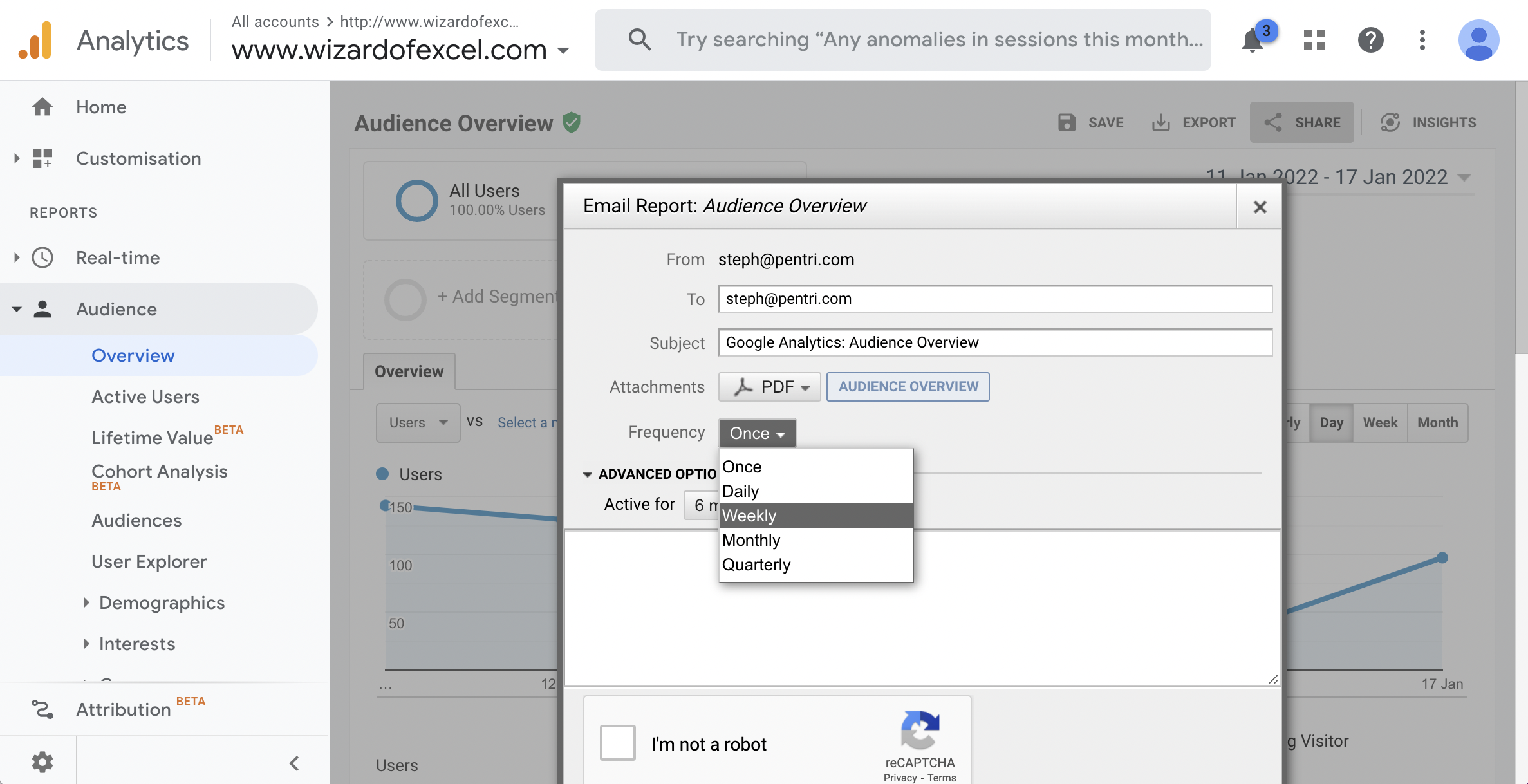 Google Analytics - Share dialog for scheduled email reports
