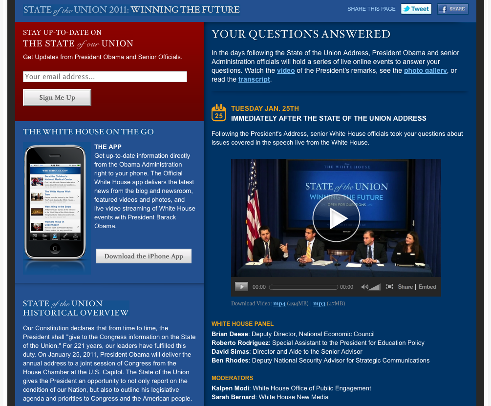 State of the Union page on whitehouse.gov